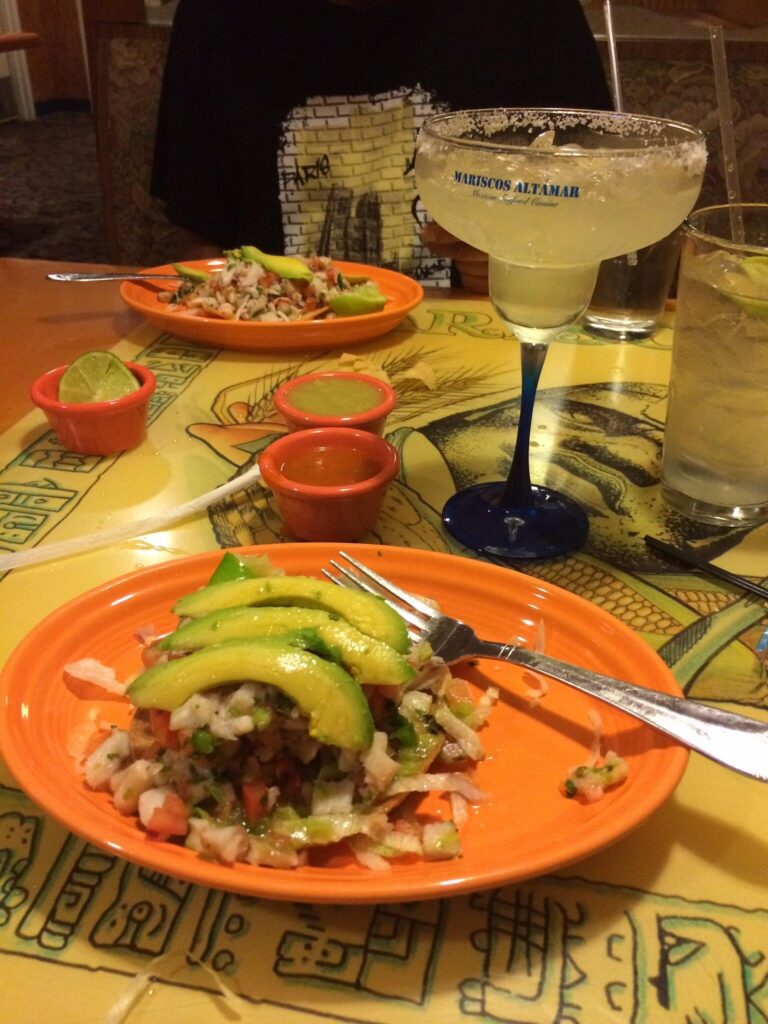 ceviche tostado and margarita